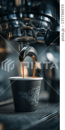 Espresso flowing into black paper cup. Espresso extracting from a commercial machine, rich crema pouring into a black paper cup Espresso flowing into black paper cup. Espresso extracting from a commercial machine, rich crema pouring into a black paper cup 135786659