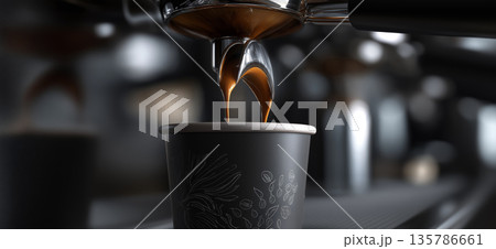 Espresso flowing into black paper cup. Espresso extracting from a commercial machine, rich crema pouring into a black paper cup Espresso flowing into black paper cup. Espresso extracting from a commercial machine, rich crema pouring into a black paper cup 135786661