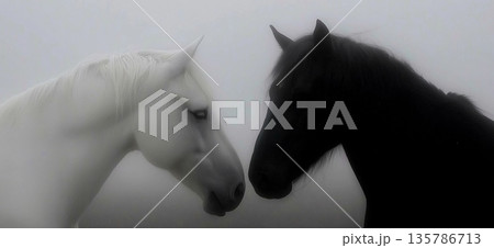 Black and white horses connecting in a...のイラスト素材 [135786713] - PIXTA