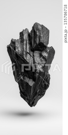Black charcoal abstract sphere texture floating concept. Black textured abstract object formed by sharp charcoal fragments floating on white Black charcoal abstract sphere texture floating concept. Black textured abstract object formed by sharp charcoal fragments floating on white 135786718
