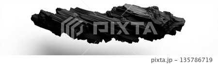 Black charcoal abstract sphere texture floating concept. Black textured abstract object formed by sharp charcoal fragments floating on white Black charcoal abstract sphere texture floating concept. Black textured abstract object formed by sharp charcoal fragments floating on white 135786719