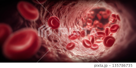 Red blood cells flowing inside human artery visualization. Red blood cells flowing through a human blood vessel, medical science concept Red blood cells flowing inside human artery visualization. Red blood cells flowing through a human blood vessel, medical science concept 135786735