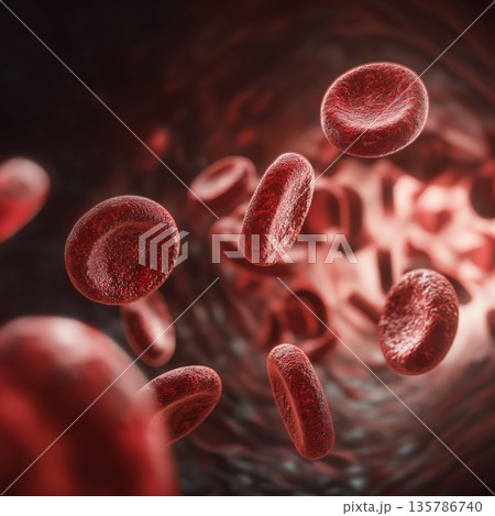 Red blood cells flowing inside human artery visualization. Red blood cells flowing through a human blood vessel, medical science concept Red blood cells flowing inside human artery visualization. Red blood cells flowing through a human blood vessel, medical science concept 135786740