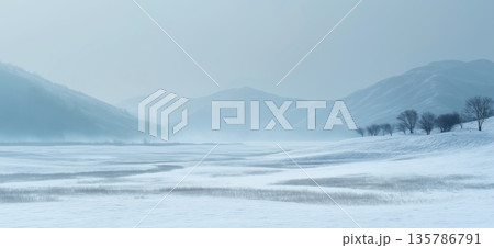 Winter landscape with single tree and snow-covered field. Minimalist winter scene showing bare trees in snow and empty sky creating solitude 135786791