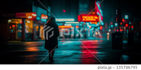 Woman walking alone on wet street reflecting neon lights. Woman walking away on an empty city street at night with colorful light reflections 135786795