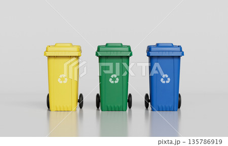 Recycling Bins for Waste Separation. 3D Rendering. 135786919