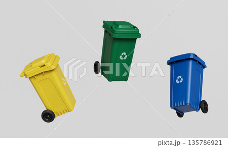 Recycling Bins for Waste Separation. 3D Rendering. 135786921