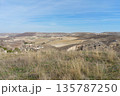 A large, open field with a few houses in the distance 135787250
