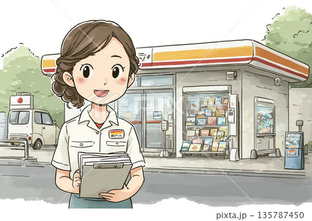 コンビニ店舗を確認する女性スタッフ｜運営・管理を伝える仕事イラスト 135787450