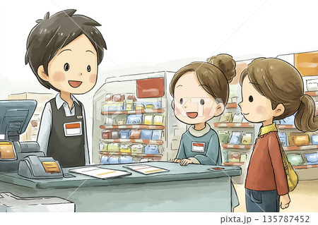 コンビニで接客を学ぶスタッフたち｜新人教育とお客様対応の仕事イラスト 135787452