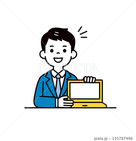 パソコンの画面を見せて接客する、若いビジネスマンのシンプルな上半身ベクターイラスト素材 パソコンの画面を見せて接客する、若いビジネスマンのシンプルな上半身ベクターイラスト素材 135787498