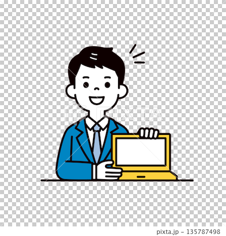 パソコンの画面を見せて接客する、若いビジネスマンのシンプルな上半身ベクターイラスト素材 パソコンの画面を見せて接客する、若いビジネスマンのシンプルな上半身ベクターイラスト素材 135787498