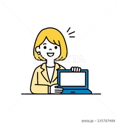 パソコンの画面を見せて提案する、若いビジネスウーマンのシンプルな上半身ベクターイラスト素材 パソコンの画面を見せて提案する、若いビジネスウーマンのシンプルな上半身ベクターイラスト素材 135787499
