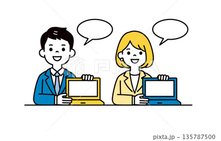ノートパソコンの画面を見せて提案する、若いビジネスパーソンのシンプルなベクターイラスト素材 135787500