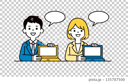 ノートパソコンの画面を見せて提案する、若いビジネスパーソンのシンプルなベクターイラスト素材 135787500