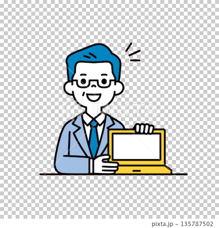 一幅簡單的上半身向量插圖，描繪了一位總裁、經理或老闆正在透過展示電腦螢幕洽談商業交易。 135787502