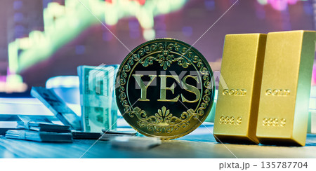 YES Decision Coin With Gold Bullion Bars and US Dollar Cash on Desk With Stock Market Chart Background , Successful Investment Choice, Trading Approval, Profit Strategy, and Financial Confidence YES Decision Coin With Gold Bullion Bars and US Dollar Cash on Desk With Stock Market Chart Background , Successful Investment Choice, Trading Approval, Profit Strategy, and Financial Confidence 135787704