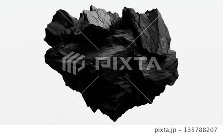 Black charcoal abstract sphere texture floating concept. Black textured abstract object formed by sharp charcoal fragments floating on white Black charcoal abstract sphere texture floating concept. Black textured abstract object formed by sharp charcoal fragments floating on white 135788207
