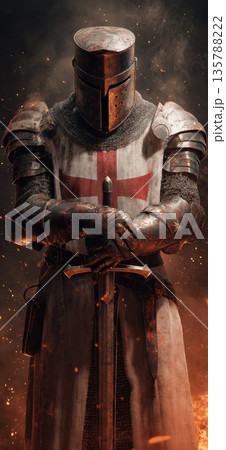 Crusader Knight standing in battle holding sword. Crusader knight in weathered armor holding a sword against a fiery battlefield Crusader Knight standing in battle holding sword. Crusader knight in weathered armor holding a sword against a fiery battlefield 135788222
