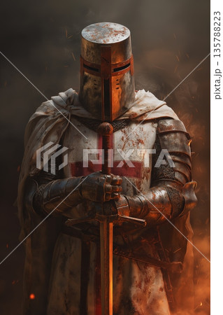 Crusader Knight standing in battle holding sword. Crusader knight in weathered armor holding a sword against a fiery battlefield Crusader Knight standing in battle holding sword. Crusader knight in weathered armor holding a sword against a fiery battlefield 135788223