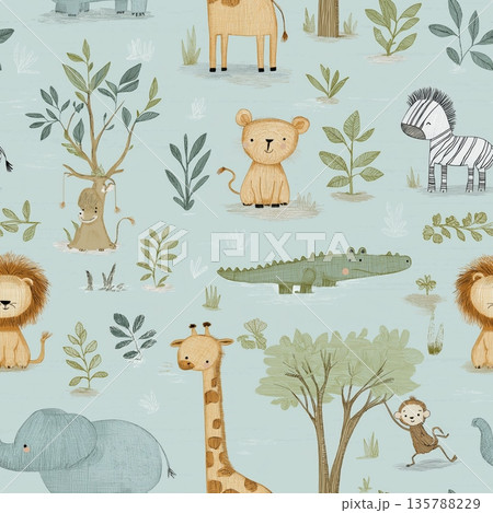 Cute cartoon jungle animals seamless pattern. Safari animals pattern with giraffes, elephants, and lions on a light blue background 135788229