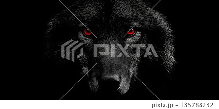 Dark formidable wolf with piercing red eyes. Dark wolf with red glowing eyes emerging from shadows, representing danger and mystery 135788232