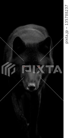 Dark formidable wolf with piercing red eyes. Dark wolf with red glowing eyes emerging from shadows, representing danger and mystery Dark formidable wolf with piercing red eyes. Dark wolf with red glowing eyes emerging from shadows, representing danger and mystery 135788237