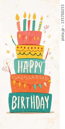 Happy birthday greeting text design with colorful leaves. Happy birthday lettering combining playful design elements and vibrant colors Happy birthday greeting text design with colorful leaves. Happy birthday lettering combining playful design elements and vibrant colors 135788253