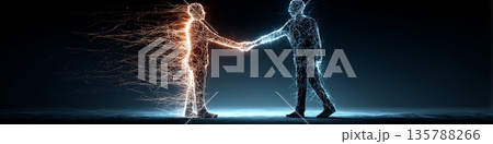 Human IT project manager shaking hands with AI. Human and artificial intelligence entities shaking hands, symbolizing collaboration and future technology Human IT project manager shaking hands with AI. Human and artificial intelligence entities shaking hands, symbolizing collaboration and future technology 135788266