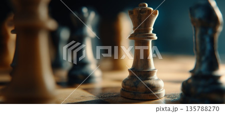Chess queen piece standing on wooden chessboard. Dark chess queen piece highlighting strategy and competition 135788270