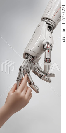 Child hand reaching robotic hand symbolizing human technology trust. Human hand nearly touching robotic hand, representing connection, future, and artificial intelligence Child hand reaching robotic hand symbolizing human technology trust. Human hand nearly touching robotic hand, representing connection, future, and artificial intelligence 135788271
