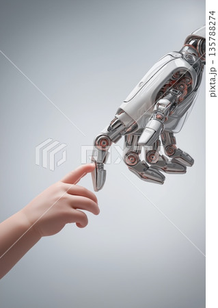 Child hand reaching robotic hand symbolizing human technology trust. Human hand nearly touching robotic hand, representing connection, future, and artificial intelligence Child hand reaching robotic hand symbolizing human technology trust. Human hand nearly touching robotic hand, representing connection, future, and artificial intelligence 135788274