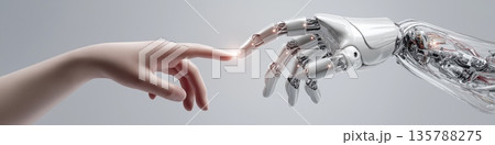 Child hand reaching robotic hand symbolizing human technology trust. Human hand nearly touching robotic hand, representing connection, future, and artificial intelligence Child hand reaching robotic hand symbolizing human technology trust. Human hand nearly touching robotic hand, representing connection, future, and artificial intelligence 135788275