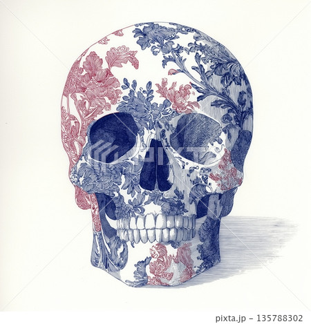 Ornate skull illustration with intricate blue and red floral patterns. Decorative human skull showing detailed blue and red scrollwork patterns on an off-white background 135788302