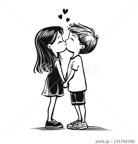 Boy and girl kissing, black silhouette Boy and girl kissing, black silhouette 135788388