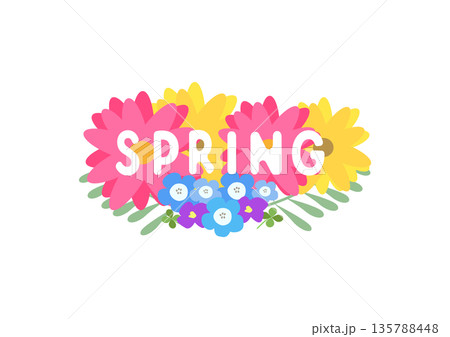 カラフルな花で描いたSPRINGのロゴイラスト カラフルな花で描いたSPRINGのロゴイラスト 135788448