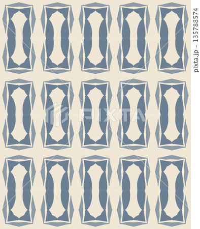 Blue and Off-White Ikat Damask Seamless Pattern Illustration with Abstract Leaf Motifs 135788574