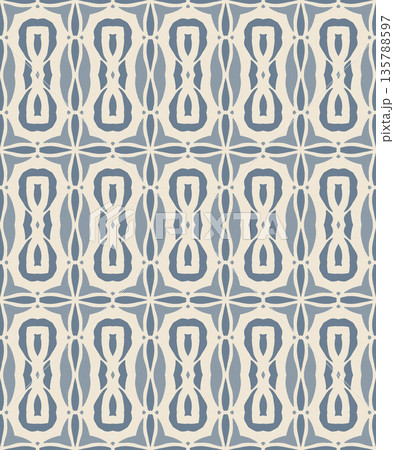 Blue and Off-White Ikat Damask Seamless Pattern Illustration with Abstract Leaf Motifs Blue and Off-White Ikat Damask Seamless Pattern Illustration with Abstract Leaf Motifs 135788597