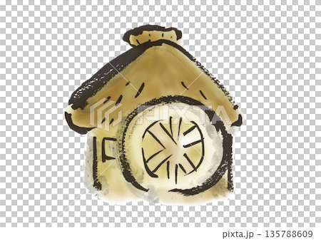筆書きの日本の昔話風の水車小屋の和風イラスト素材 筆書きの日本の昔話風の水車小屋の和風イラスト素材 135788609