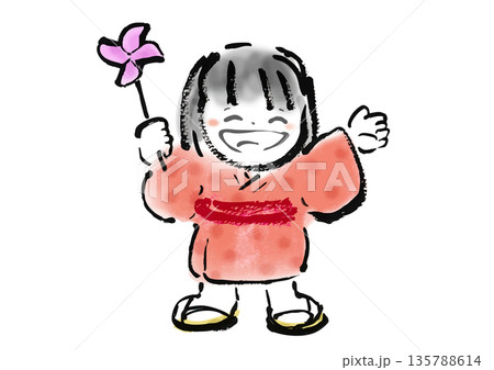 筆書きの日本の昔話風の笑顔の着物の女の子の和風イラスト素材 135788614