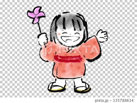 筆書きの日本の昔話風の笑顔の着物の女の子の和風イラスト素材 135788614