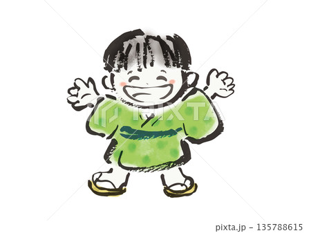 筆書きの日本の昔話風の着物の男の子の和風イラスト素材 筆書きの日本の昔話風の着物の男の子の和風イラスト素材 135788615