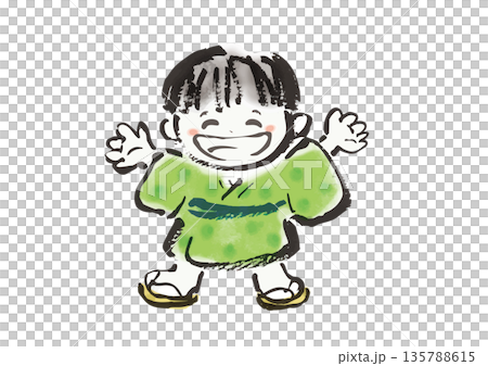 筆書きの日本の昔話風の着物の男の子の和風イラスト素材 筆書きの日本の昔話風の着物の男の子の和風イラスト素材 135788615