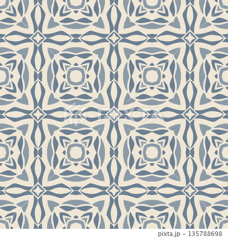 Blue and Off-White Ikat Damask Seamless Pattern Illustration with Abstract Leaf Motifs 135788698