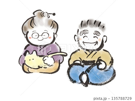 筆書きの日本の昔話風の笑顔のお爺さん、おばあさんの和風イラスト素材 135788729