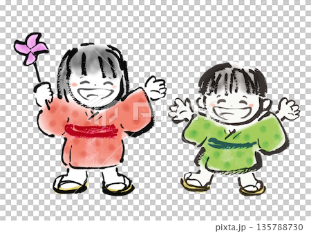 一幅毛筆畫風格的插圖,描繪了一個穿著和服、面帶微笑的孩子,風格類似於日本民間故事。 一幅毛筆畫風格的插圖,描繪了一個穿著和服、面帶微笑的孩子,風格類似於日本民間故事。 135788730