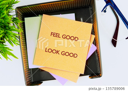 Golden sticky note Feel Good Look Good rests on colorful papers in a black desk organizer. A green plant and blue glasses accent this tidy workspace, inspiring a positive, organized day 135789006