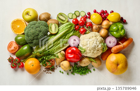 various fresh raw vegetables and fruits 135789046