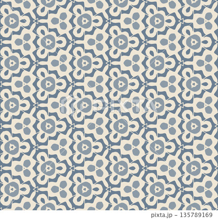 Blue and Off-White Ikat Damask Seamless Pattern Illustration with Abstract Leaf Motifs 135789169