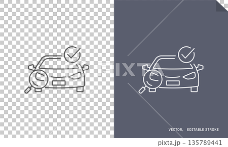 汽車檢驗、汽車保養、銷售評估的向量線圖示。包含汽車、放大鏡和勾號。 汽車檢驗、汽車保養、銷售評估的向量線圖示。包含汽車、放大鏡和勾號。 135789441
